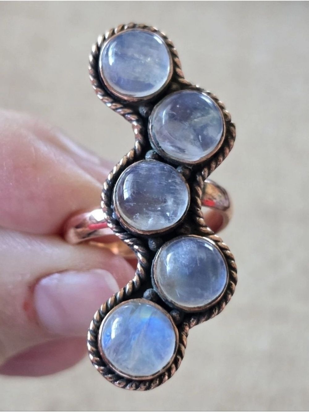 Copper Moonstone Crawler Ring, Southwestern